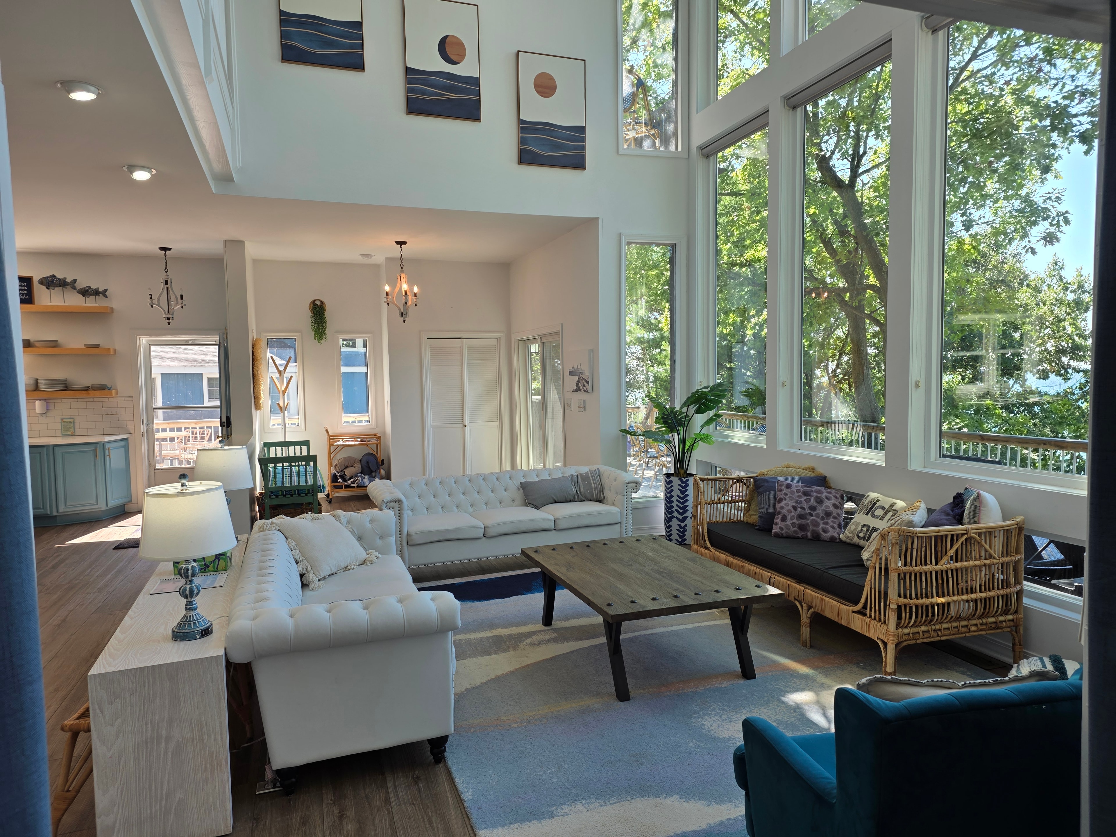 Modern living room with lake views