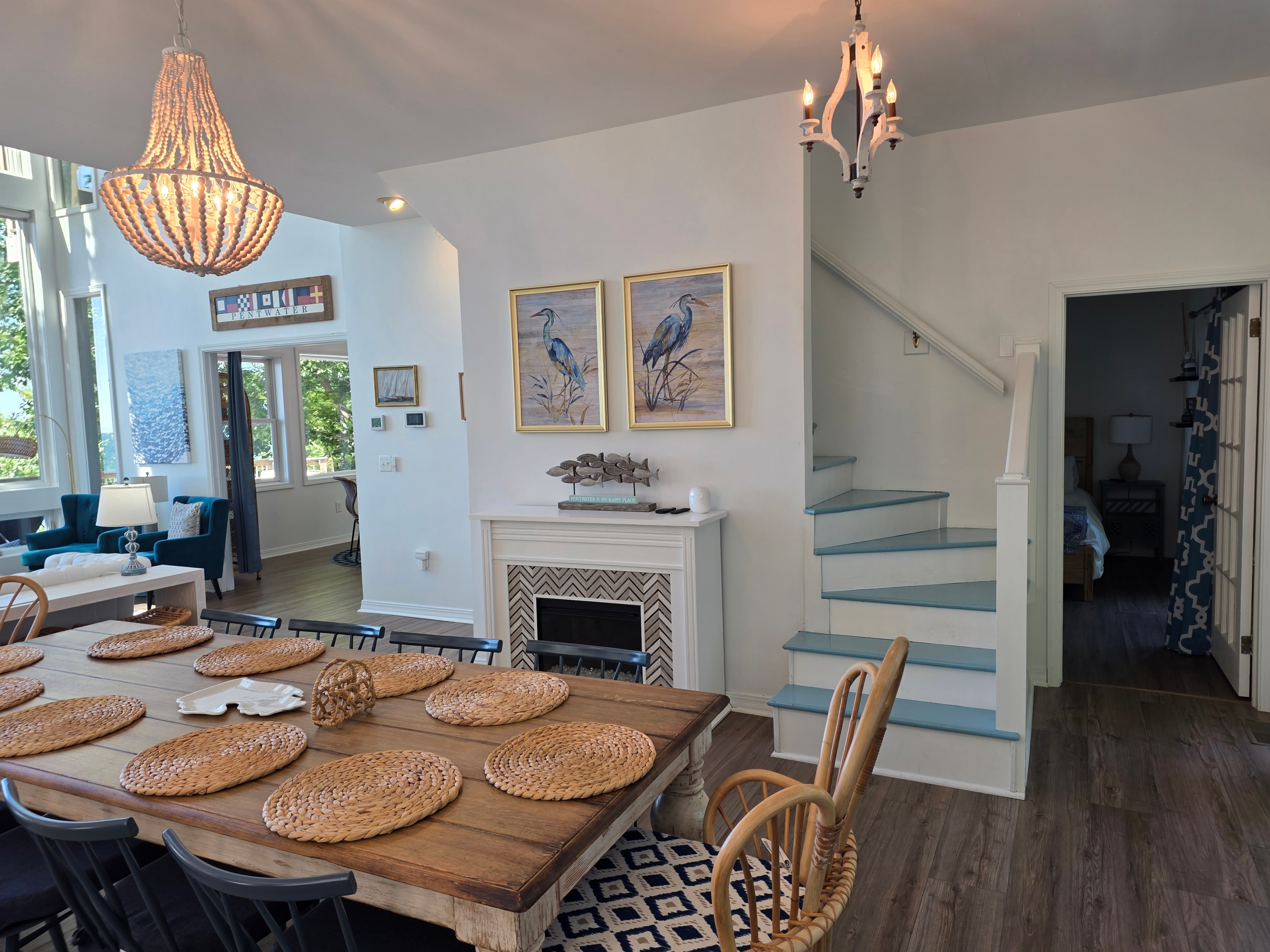 Dining room with coastal decor and fireplace