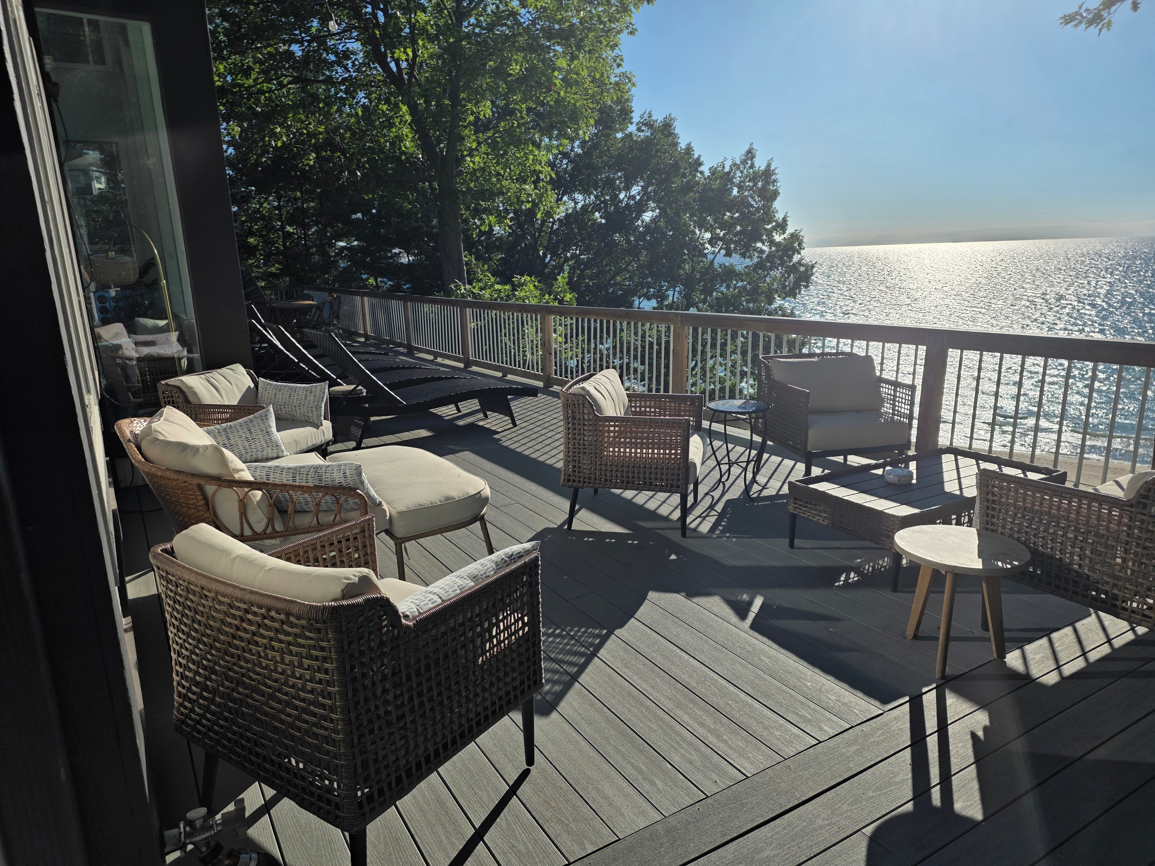 Outdoor deck seating overlooking the lake